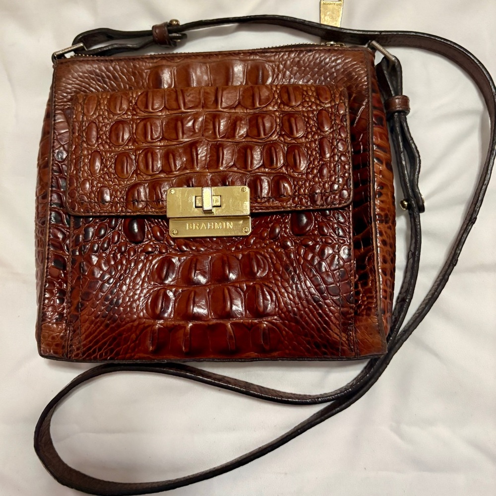 Brahmin Pecan Manhattan Embossed Leather Crossbody Bag